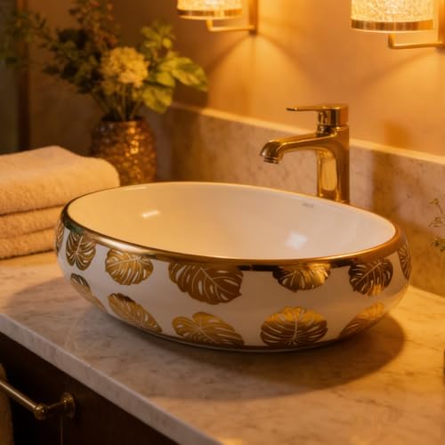 Image of Wallace Designer Oval Table Top Wash Basin White 60x40x15 cm | Premium Ceramic Countertop Vessel Sink with Gold Leaf Pattern | Luxury Over Counter Bathroom Basin