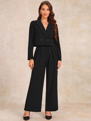 Allegra K Women's 2 Piece Set Business Casual Outfit Notched Lapel Crop Jacket Wide Leg Pant Work Suits3