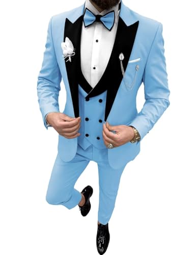 Wangyue Double Breasted Mens Tuxedo Suit Set 3 Piece Wedding Tuxedos for Men Slim Fit Prom Suits Groom Tux with Bow Tie