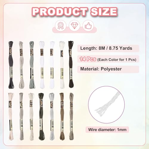 Image of PATIKIL 14 Skeins Embroidery Floss Polyester Embroidery Threads Bracelets String for Cross-Stitch Hand Embroidery, Gray Gradient
