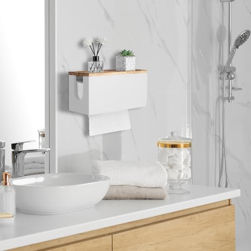 Paper Towel Dispenser Wall Mount, Wooden Bathroom Paper Towel Holder with Lid for Home and Commercial, Countertop C-Fold, Z-Fold, Trifold Paper Hand Towel Dispenser for Kitchen Office, White