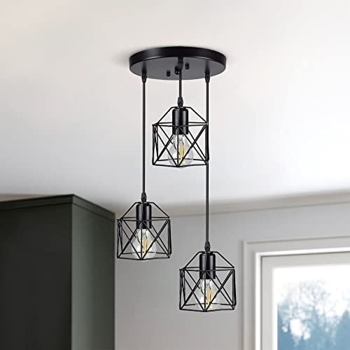 Depuley Plafonnier Suspension Métal Noir, Lustre Salle à Manger Fer Forgé, Hauteur de Câble Réglable, 3 Ampoules E27 NON Fournies, Idéal pour Restaurant,...