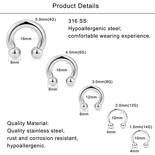 Lcolyoli Large Septum Rings 14G 12G 8G 6G 4G Pa Ring Internally Threaded Ball Horseshoe Barbells Stainless Steel & Acrylic Pincher Tapers C Shape Buffalo Stretcher Expander For Women Men #TOP1