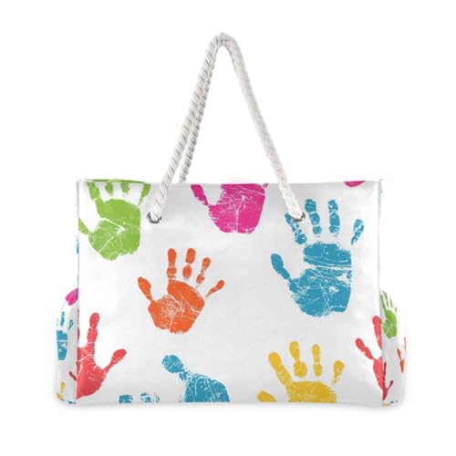 OTVEE Colorful Handprint Patterns Beach Bags for Women Ladies Large Canvas Tote Shoulder Bag Waterproof Travel Bags for Gym Swim Pool Camping2