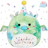 BSTAOFY 15'' Cute Happy Birthday Dinosaur Soft Plush Pillow Green Dinosaur Birthday Stuffed Animal Gifts for Boys Girls Baby Kids