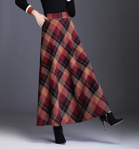 Womens Plaid Wool Long Skirt Vintage High Waist A-line Fall/Winter Midi Skirt4