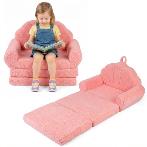 COSTWAY 2 en 1 Sofá Plegable para Niños en Forma de Concha, Sillón Infantil Convertible a Tumbona con Asa, Reposabrazos, Funda de Tejido Extraíble y Base Antideslizante, Sofá Cama para Niños (Rosa)
