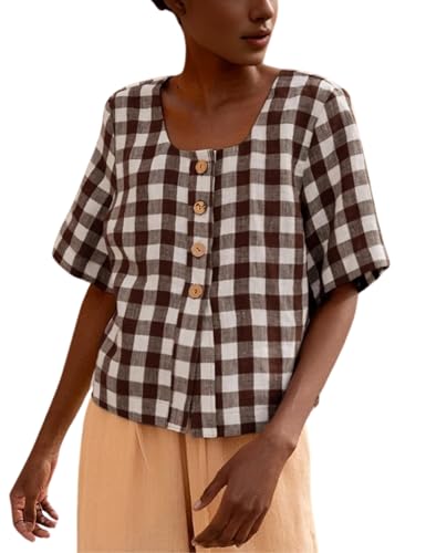 PUWEI Women's Plaid Button Down Shirts Cotton Short Sleeve Square Neck Gingham Tops Blouses