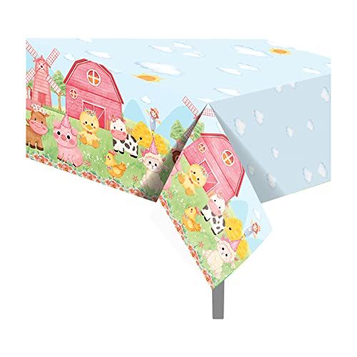 CC HOME 1Pc Farm Animal Party Plastic Tablecloth 54 x 87 Inch Pink Watercolor Long Rectangular Table Cover for Buffet, Cute Farm Animals Pigs Cows Party Holiday Dinner, Picnic or Tablecloth for Event