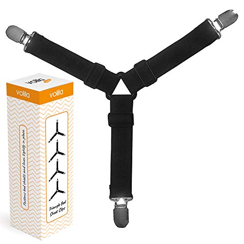 Clips triangulares para sujetar sábanas y ropa de cama con tirantes elásticos para sujetar la tela firmemente en su lugar, fuertes agarres de dientes de metal, (4 unidades)