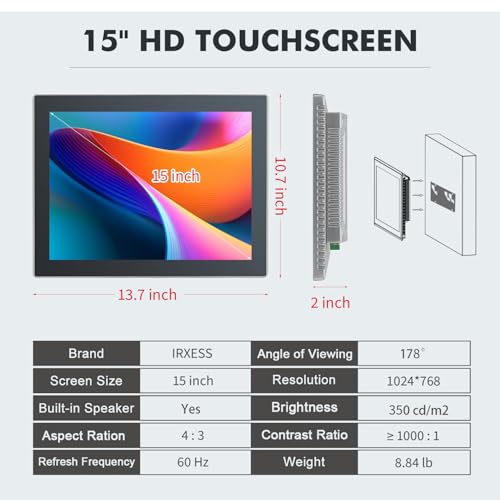 Image of 15 inch Touchscreen Monitor,Ratio 4:3 IPS PCAP Industrial Touch Screen Monitor with HD-MI VGA USB Port,Build-in Speakers & VESA,Touch Screen for PC,POS,Laptop,Home,RPI