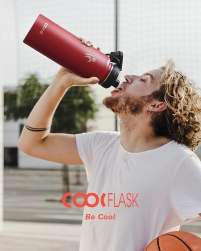 Image of Coolflask 40 oz Water Bottle Insulated with Straw & 3 Leakproof Lids