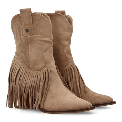 94771 Botin de Mujer con Tacon Estilo campero. Tacon Cubano con Flecos Acabado en Punta. Cierre de Cremallera. Ideales Otono Invierno. Apricot Talla 36