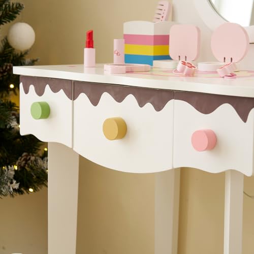 Image of Princess Vanity Table with Lights,Princess Makeup Vanity Desk with Storage Drawer, 2 in 1 Vanity Table & Chair Set with Mirror for Girls (Style 2-White)