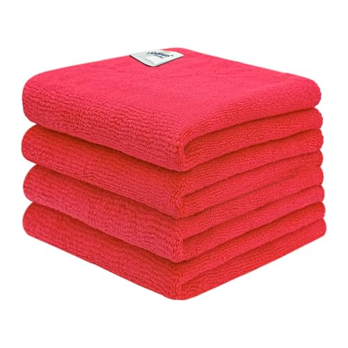 Image of SOFTSPUN Microfiber Cleaning Cloths, 50X50 cms 4 pcs Towel Set 340 GSM Red! Highly Absorbent Lint and Streak Free Multipurpose Wash Cloth for Kitchen Car Window Stainless Steel Silverware.
