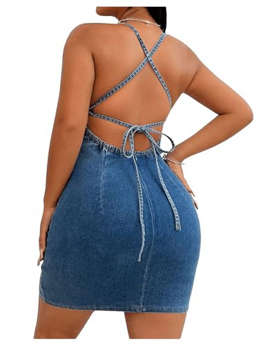 Floerns Women's Backless Criss Cross Denim Cami Dress Halter Neck Bodycon Mini Dresses