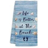 Jvpke Coastal Beach Kitchen Towels, Life is Better at The Beach Seashell Decorative Dish Tea Towels, Coastal Nautical Hand Towels for Bathroom, Coastal Kitchen Bathroom Decor, 16x24 Inch