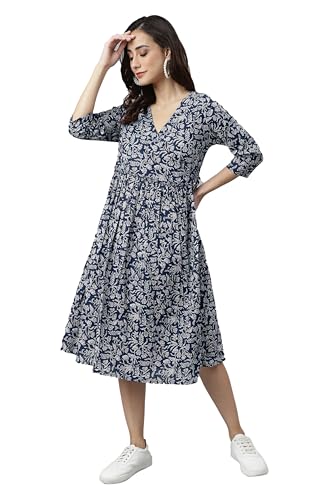 Image of Janasya Women's Cotton Floral Print Angrakha Dress