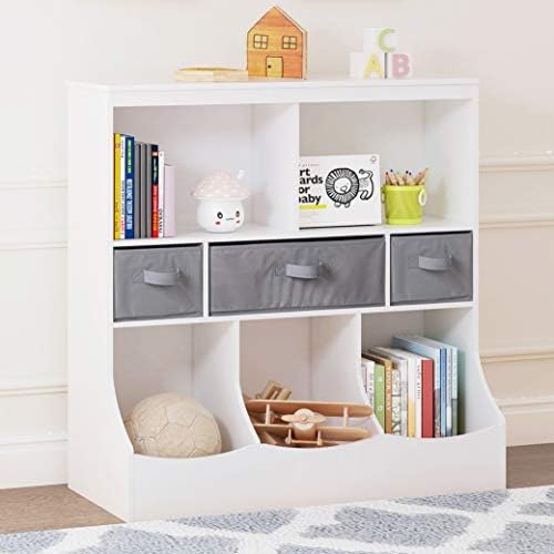 UTEX Toy Storage Organizer with Bookcase, Kid’s Bin Storage Unit with 8 Compartments &3 Baskets Bins, Toys Box Organizer, Kid’s Multi Shelf Cubby for Books,Toys,White