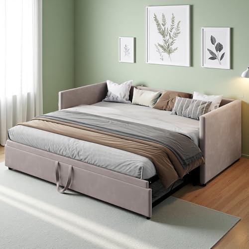 Tagesbett Ausziehbar 90/180x200 cm, Schlafcouch Polsterbett mit Lattenrahmen, 2-Sitzer Sofa mit Schlaffunktion, Doppelbett Funktionsbett, Samtstoff (Grau)