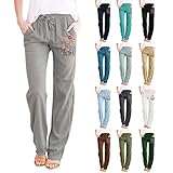 Pantalones de algodón con cintura elástica para mujer, pantalones casuales de lino de algodón con bolsillos, color sólido, pantalones para caminar, uso diario, pantalones de moda con estampado floral