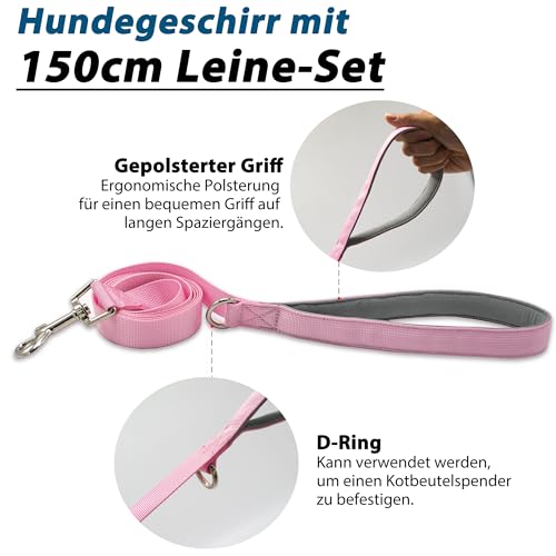 Wuffley Hundegeschirr mit Leine, Sicherheitsgeschirr Hund Ausbruchsicher, Anti Zug Hundegeschirr mit Assistenzgriff und Reflektierende, Leichtes Verstellbare Geschirr für Mittelgroße Hunde (Rosa,XS)