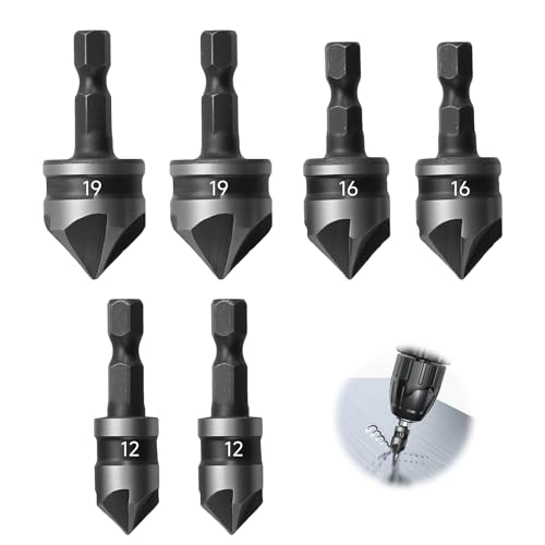 6 Pcs 1/4 Inch Hex Shank, 5 Flute 90 Degree Chamfering Countersink Drill Bit Set 12mm/16mm/19mm Countersink Drills Bit Counter Sink Drill Bits for Wood, Countersinks Bits, for Wood Plastic Aluminium