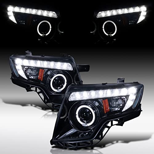 AUTOZENSATION Compatible with 2007-2010 Ford Edge Black Housing Projector Smoke Lens Headlights W/Halo Rim + LED L + R Pair Headlamp