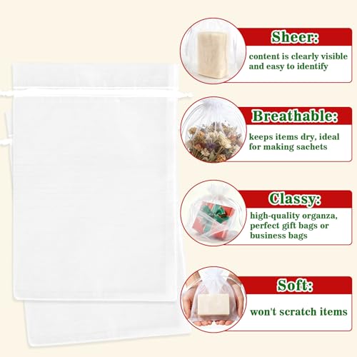 Image of Sukh White Organza Bags 6 inchx9 inch - 100pcs Large Sheer Mesh Drawstring Bags for Jewelry, Soap, Fruits, Candy, Small Gift Bag for Weddings, Valentine's Day, Mother's Day, Halloween, Thanksgiving, Christmas