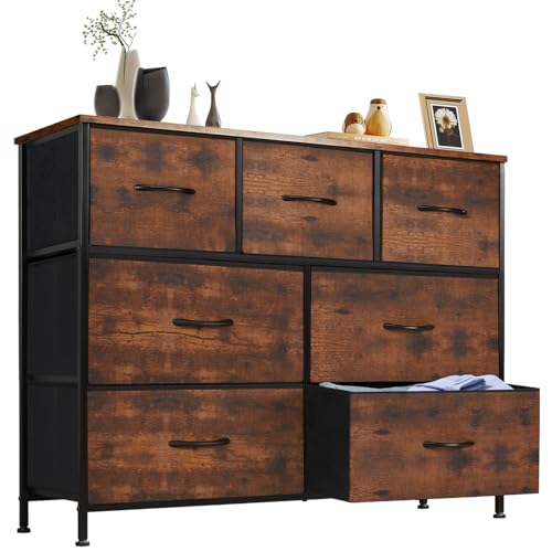 DUMOS Cómoda para Dormitorio con 7 cajones de Tela, Organizador Alto para Ropa, Armario, habitación Infantil, Torre de Almacenamiento con Armario Marco de Metal, Placa de Madera, Muebles Ligeros para