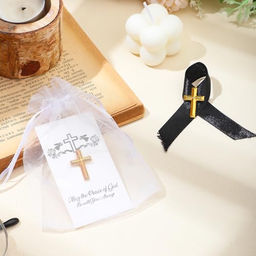 Zeyune 50 Sets Cross Pins Bulk Gold Metal Cross Lapel Pins with Cards and Organza Bags Small Religious Christian Enamel Brooch for Men Women Christian Chaplain Funeral Church Activities Gift4