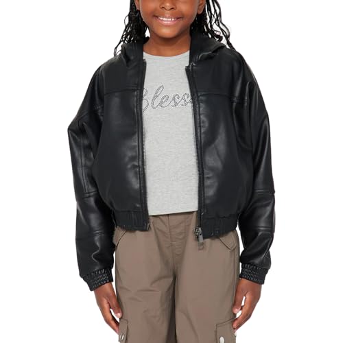 Trifoliate Girls Black Bomber Hooded Leather Jacket – Casual PU or Sheepskin Outerwear Jackets for Girls3