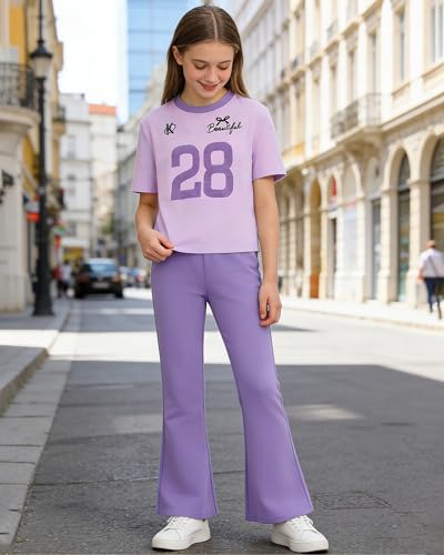 Image of Girls 2 Piece Outfit Colorblock Short Sleeve Graphic Tee & Flared Pants Casual Summer Clothes Set for Age 6-14