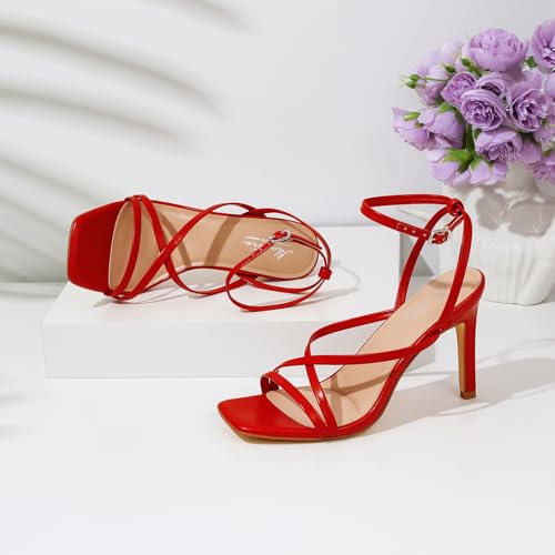 Image of Mostrin Strappy Heels for Women Square Open Toe Lace Up Heeled Sandals Ankle Strap Sexy Stiletto High Heels for Party, Prom, Dating, Wedding
