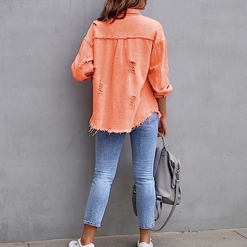 Women's Button Down Oversized Denim Jackets Ripped Frayed Shacket Jean Coat Distressed Shirts with Pockets3