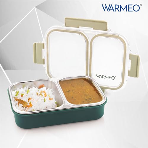 Image of WARMEO BENTO Microwave-Safe Stainless Steel Lunchbox with 2 compartments,bpa Free,Perfect for Office, School, Travelling,750ml-Green