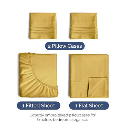 Image of Queen Size 4 Piece Sheet Set - Ultra Soft & Cooling Bed Sheets - Mustard | Fits 8 Inch to 16 inch Mattress, Wrinkle Free & Fade Resistant with Deep Pockets, Breathable, Comfy Hotel Luxury Bedding