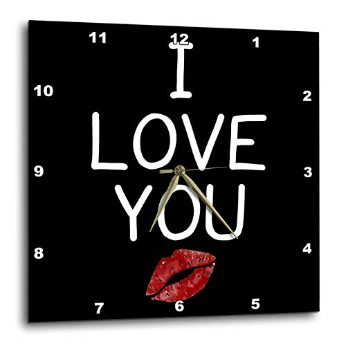 3dRose Wall Clock Silent - 10 inch - I Love You with red Lips. Bold White Lettering on a Black Background. - Stamp City - Typography