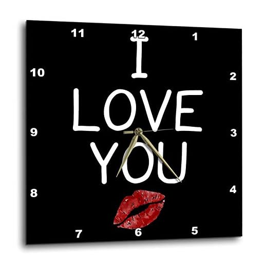 3dRose Wall Clock Silent 10 inch I Love You with red Lips. Bold White Lettering on a Black