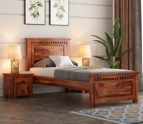 Image of ONIJA Single Sheesham WoodBed for Bedroom | Sheesham Wood Beds | Solid Wood cot| Bed for Home | Bed Without Storage| Single Size | Beds for Living Room | Bedroom Furniture(Adolph,Honey Finish)