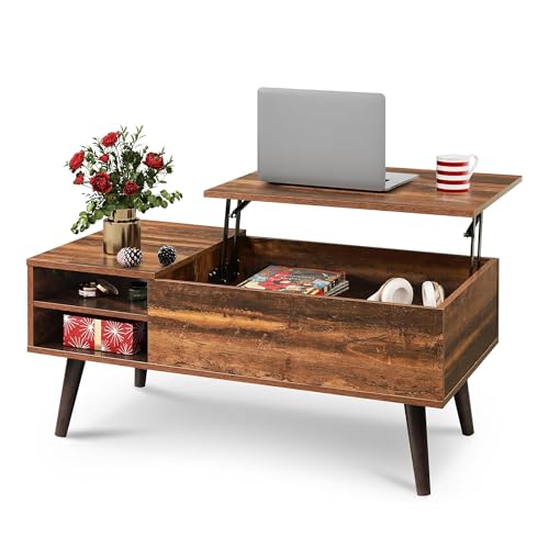 WLIVE Coffee Table with Lifting Top, Hidden Storage & Adjustable Shelf for Living Room Small Space, Multifunctional Rising Wooden Center Table, Mid Century Modern Tables for Home Dining Office, Brown