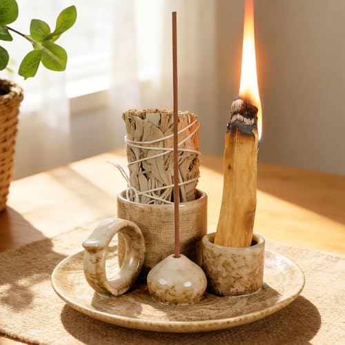 Tnstbiee 4.1-Inch 5-in-1 Ceramic Smudge Bowl-Versatile Incense Stick Holder and Smudging Dish for Palo Santo and SageIdeal for Zen Altar Meditation Yoga and AromatherapyEasy to Clean Brown Design