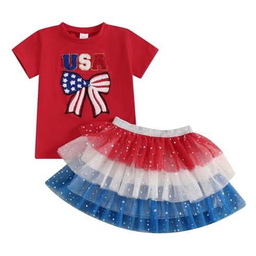 JLKGICF 4th of July Toddler Girl Outfit Bow Embroidery Usa T-shirt Tops Ruffle Tulle Tutu Skirt Fourth of July Summer Clothes (Red, 4-5T)