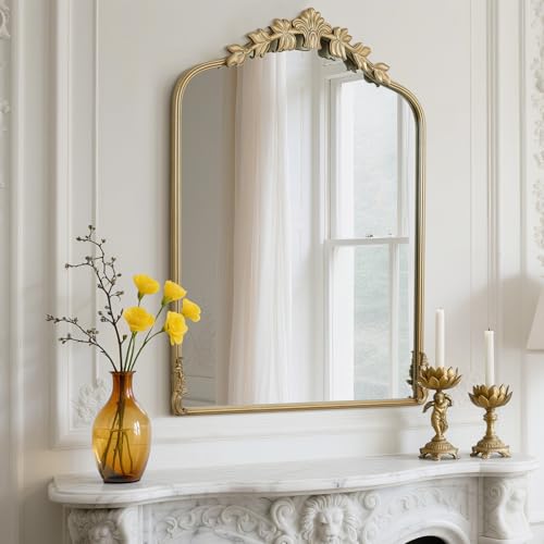 Image of WallBeyond Gold Antique Mirror for Vanity 28x36 Inch, Gold Vintage Mirror with Ornate Frame, Arched Vintage Wall for Bathroom, Living Room, Fireplace