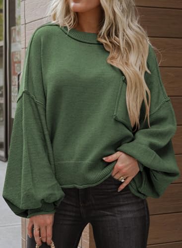 Image of Dokotoo Women's Sweater Tops 2026 Ribbed Knitwear Lantern Pullover Sweater | Fall Winter Outfits,Bell Sleeve,Crewneck,Lightweight Knit Pullover,Soft Comfy Tops,Teacher Vacation