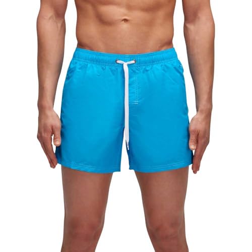 Costume in nylon blu, azzurro e arancio fluo.