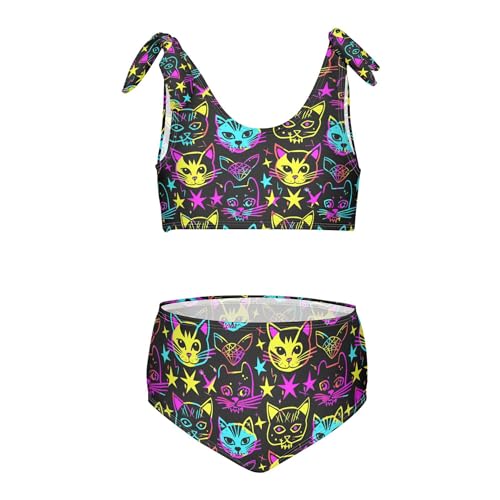 JUNZAN Neon Goth Cute Cat Stars Girl Swimsuit Adjustable Strap 2 Piece Bikini Bathing Suit for Birthday Gifts 3T