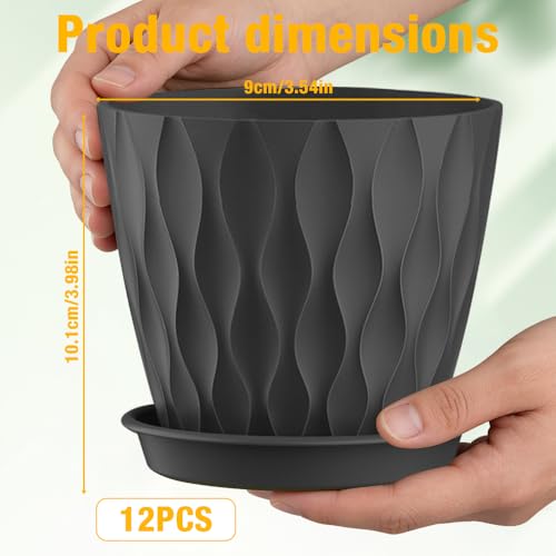Mineup 12 Packs Blumentopf Set, 10cm Plastik Übertopf mit Mehrere Ablauflöchern, Pflanzentopf mit Untersetzer, Pflanzkübel Ideal für Büro, Balkon, Garten, Sukkulenten, Kaktus, Schwarz