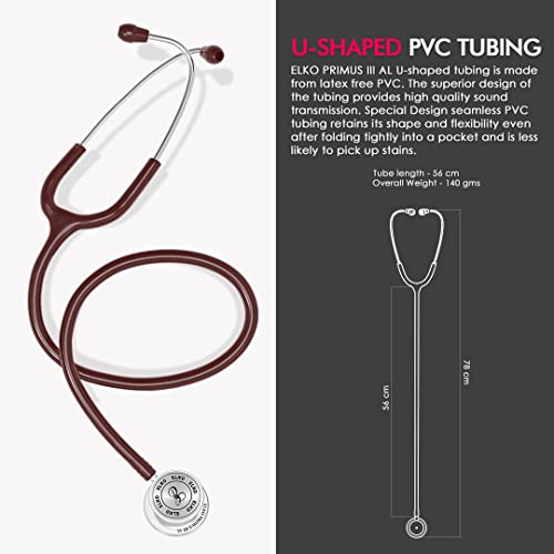 Image of ELKO EL-160 Primus III AL Aluminum Head Stethoscope For Doctors and Medical Students | Double Sided Chest Piece For Adult & Pediatric Patients | U-Shaped PVC Tubing | Soft Sealing Ear Knobs (Brown)