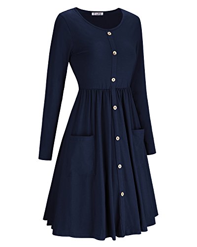 KILIG Women's Dresses Long Sleeve Casual Button Down Swing Dress with Pockets(D1-Navy,Medium)